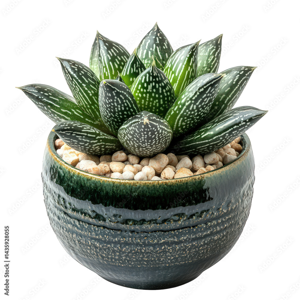 Poster lush succulent plant displayed in a decorative green pot. filled with small pebbles the plant has a 