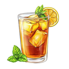 refreshing glass of iced tea with ice cubes. garnished with a slice of lemon and fresh mint leaves. evoking a sense of relaxation and enjoyment it represents a popular beverage choice for warm weather