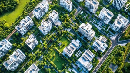 Aerial view of a large-scale housing project with identical residential buildings and green courtyards