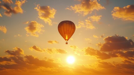 Obraz premium A hot air balloon drifting across the sky with the golden sun in the background
