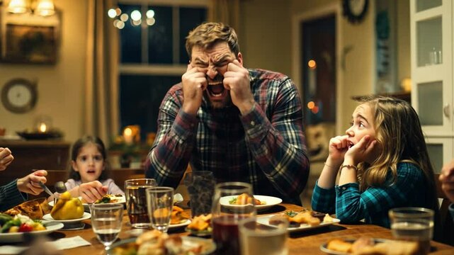 Family Dinner Drama: A father and his two daughters are engaged in a scene of frustration around the dining table. The image captures the raw, relatable emotions of a moment amidst a family meal.