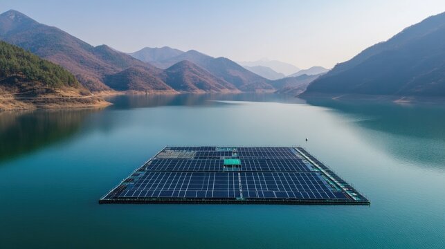 Floating solar farm on a lake generating renewable energy without land use, sustainable innovation, no people