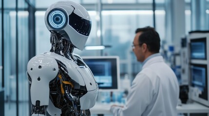 A hyper-realistic humanoid robot working alongside humans in a high-tech laboratory, representing AI-driven automation.