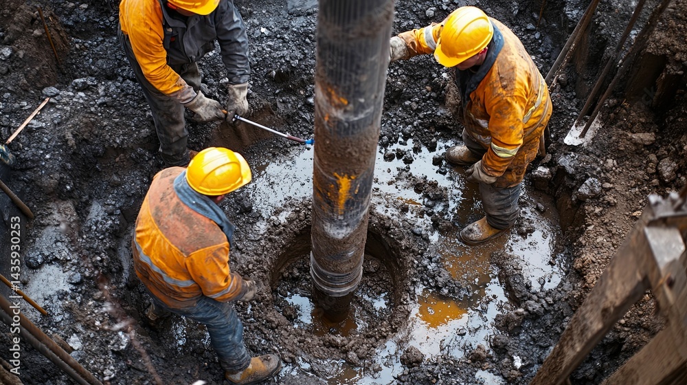 Poster three construction workers installing a large pipe in a muddy hole.