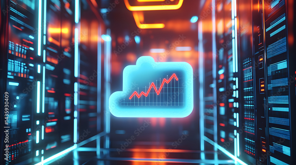 Poster dynamic business analytics chart icon in a high-tech data center environment for effective decision-