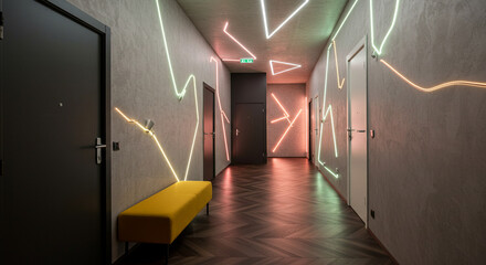 red corridor in the old building, long, hotel, building, architecture, door, empty, light, 
