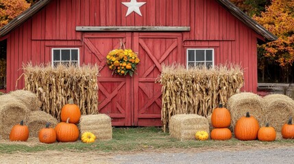 Fall harvest display with pumpkins, corn stalks, and hay bales against a rustic barn backdrop