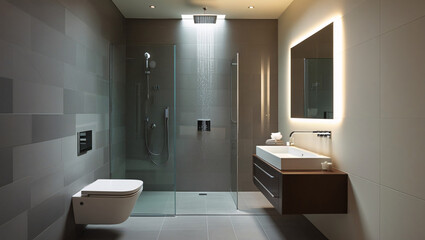 This modern bathroom showcases a sleek and minimalist design. 