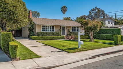 Obraz premium Beautiful home with trimmed hedges, clean siding, and real estate sign on curbside