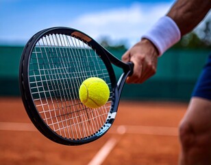 Close-up of a tennis racket holding a yellow tennis ball, with a hand wearing a white wristband gripping the racket on a clay tennis court.