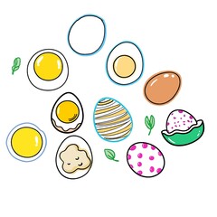 fun, colorful illustration of cartoon eggs and yolks. The style should be playful and childlike, with bold outlines and bright colors.