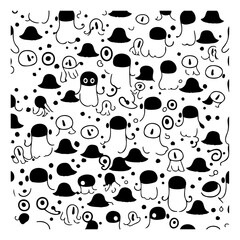 Whimsical Black and White Cartoon Character Pattern for Textiles and Design