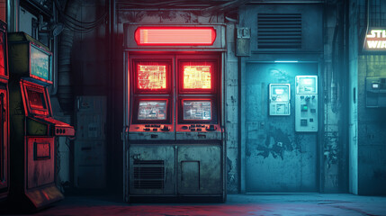 Fototapeta premium Futuristic cyberpunk arcade with neon lights, vintage machines, and a gritty industrial sci-fi atmosphere.