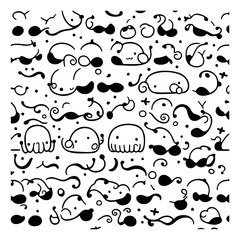 Playful monochrome pattern with quirky cartoon figures creating whimsical designs