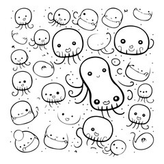 Charming monochrome illustration featuring a collection of cartoon cephalopods characters