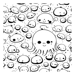Monochrome whimsical sea creature pattern illustration with cute, rounded designs