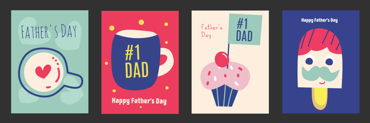 Happy father's day, set of vector postcards. Flat illustration of a cute father's character, man, cup, ice cream, cake. Portrait template in colorful background. Fun design for greeting and banner.
