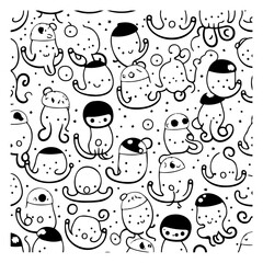 Whimsical aquatic creatures doodle pattern in black and white with endearing expressions