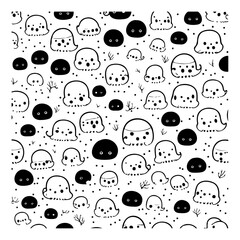 Playful monochrome pattern featuring whimsical cartoon ghosts and simple organic shapes