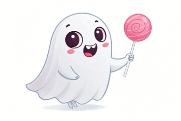 Obraz premium Adorable Cartoon Ghost Holding Pink Swirl Lollipop Halloween Treat Cute Spooky Character