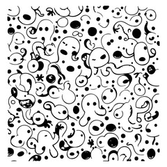 Whimsical Abstract Monochrome Pattern Featuring Cartoonish Characters and Shapes