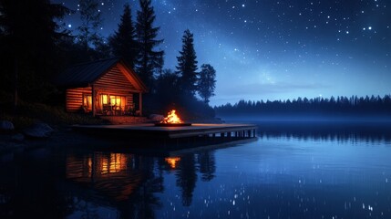 Fototapeta premium A lakeside cabin with a wooden dock, a cozy fire pit, and a reflection of the stars dancing on the calm water