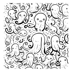 Playful octopus pattern, monochrome, whimsical sea creatures artwork and design