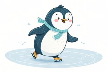 Obraz premium Adorable Penguin Ice Skating Winter Illustration Cute Cartoon Bird on Ice