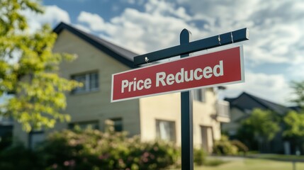 Obraz premium Close-up of Price Reduced sticker across house for sale board outside suburban home