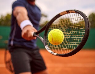 Close-up of a tennis racket holding a yellow tennis ball, with a hand wearing a white wristband gripping the racket on a clay tennis court.