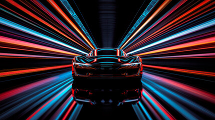 A futuristic car speeding on the night city street.