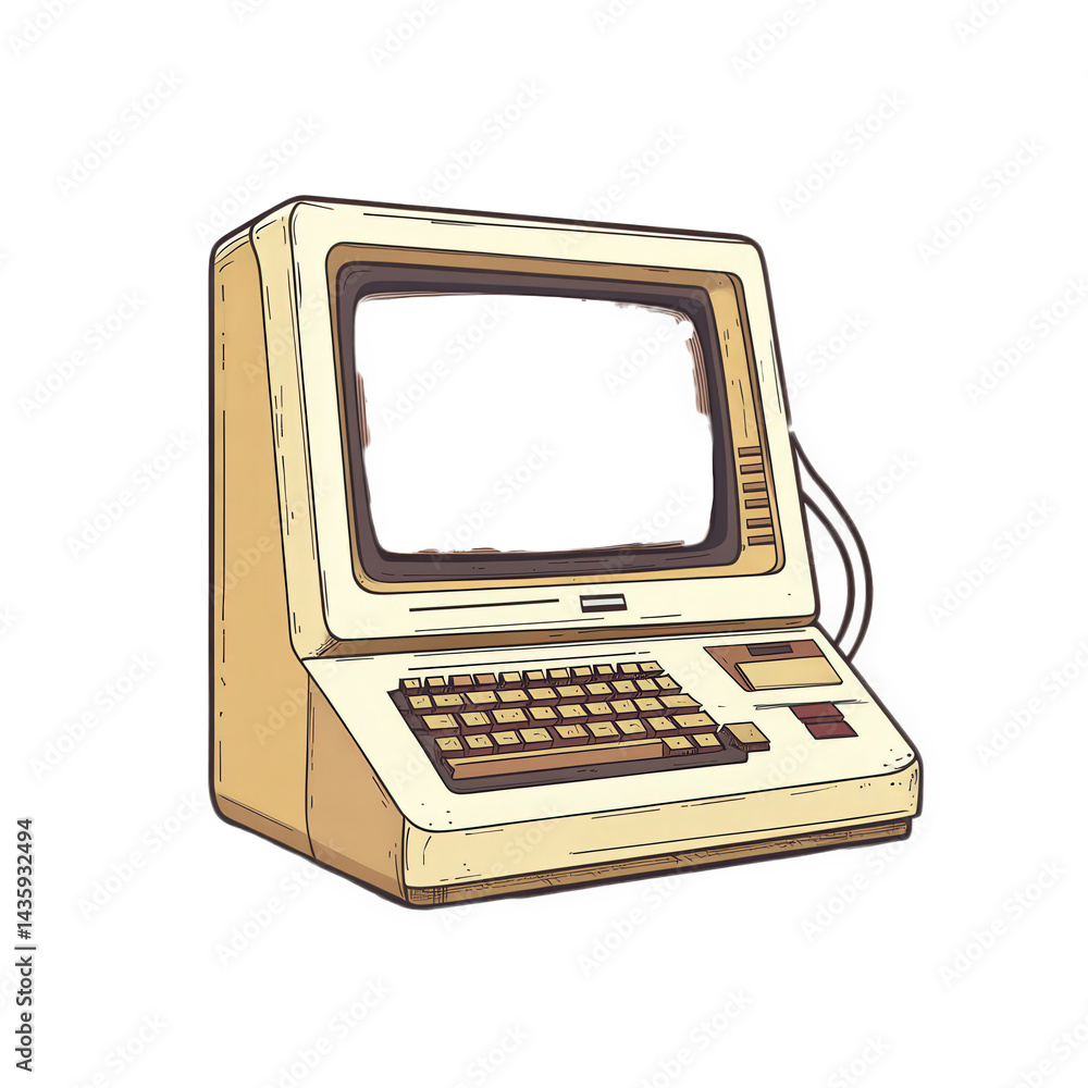 Poster a vintage computer with a bulky monitor and a classic keyboard. showcasing a nostalgic design remini