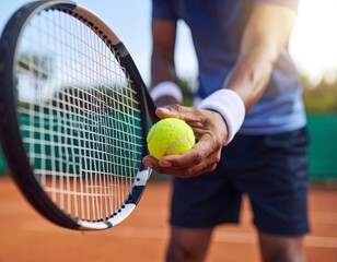Close-up of a tennis racket holding a yellow tennis ball, with a hand wearing a white wristband gripping the racket on a clay tennis court.
