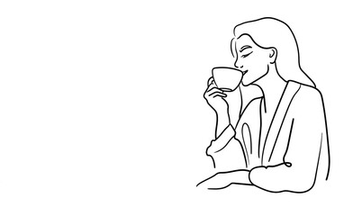 Woman drink coffee, line art drawing. Barista made tea on white background. Enjoying the moment now. Vector illustration
