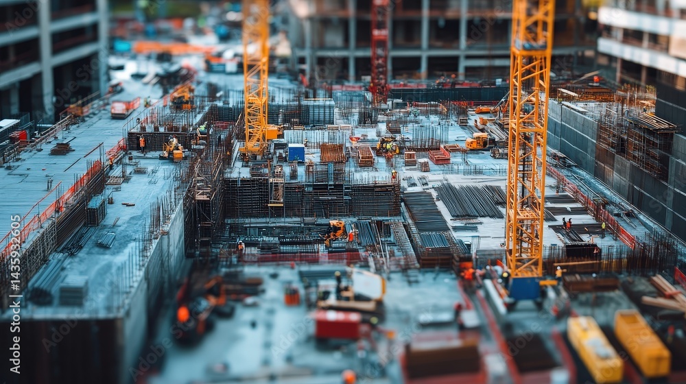 Poster large-scale construction site with multiple projects happening simultaneously