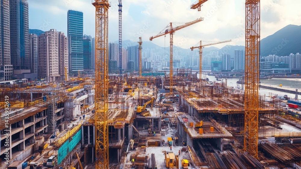 Poster large-scale construction site with multiple projects happening simultaneously