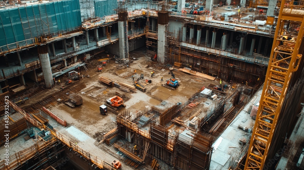 Poster large-scale construction site with multiple projects happening simultaneously