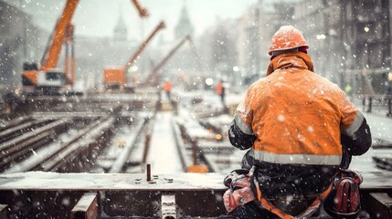 Construction worker taking a break in snowy conditions. amidst a blurred background of construction machinery and city buildings during a snowfall.