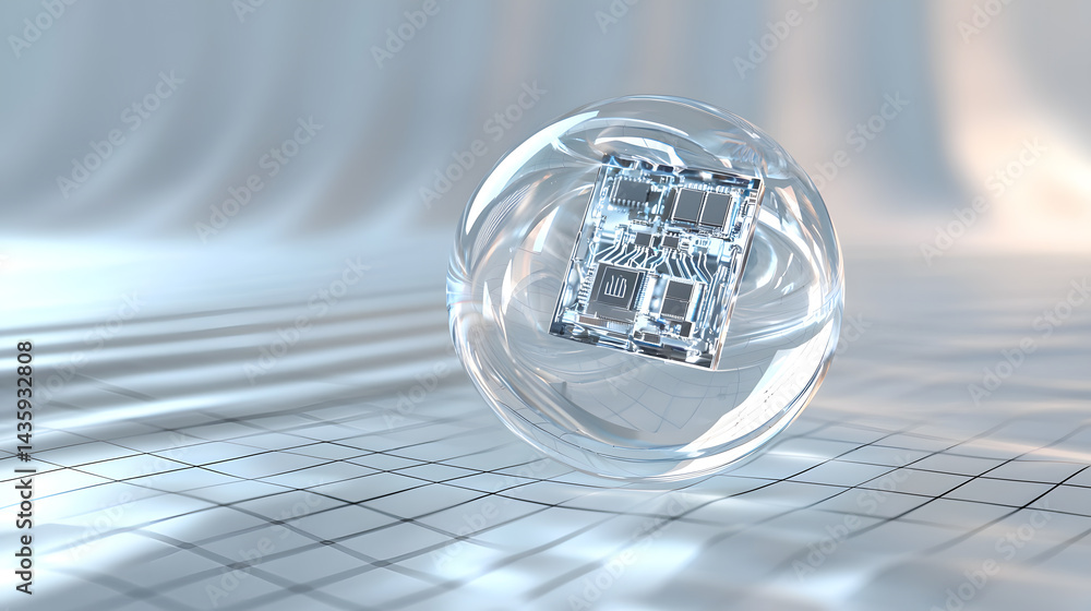 Poster floating neural ai chip icon in a transparent sphere digital technology art futuristic environment a