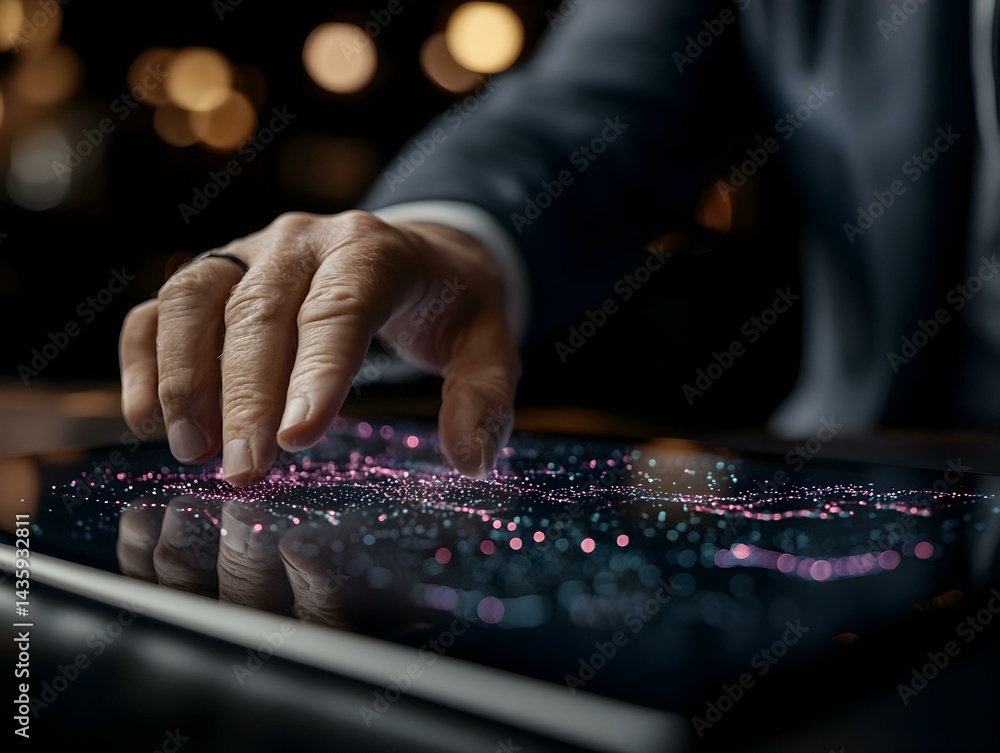 Poster close-up of a hand interacting with a tablet displaying a futuristic data visualization. a businessm