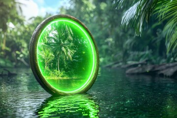Glowing Green Portal in a Lush Tropical Jungle Stream