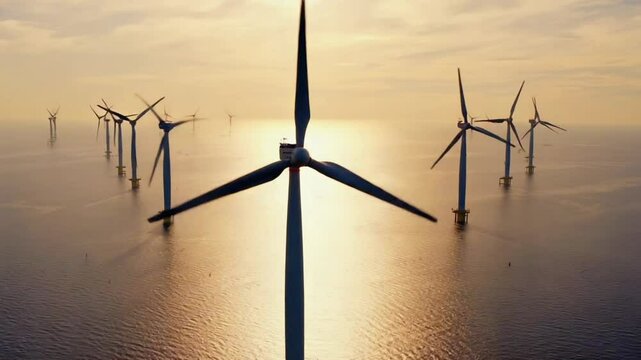Aerial side-track shot offshore wind turbine row golden hour, blades slowly turning, sun low on horizon casting warm lens flares, glass like sea below, clear sky, realistic cinematic slow-motion, 4K