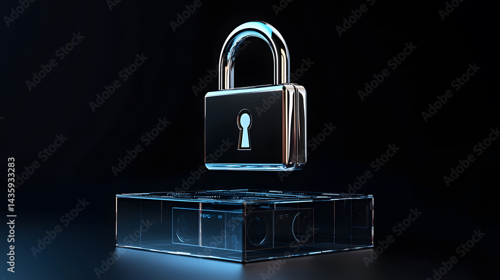 Poster digital lock icon floating over a transparent base in a dark environment security concept for cyber 