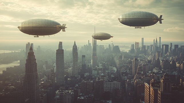 Three airships glide above a sprawling urban skyline at sunset, casting long shadows.