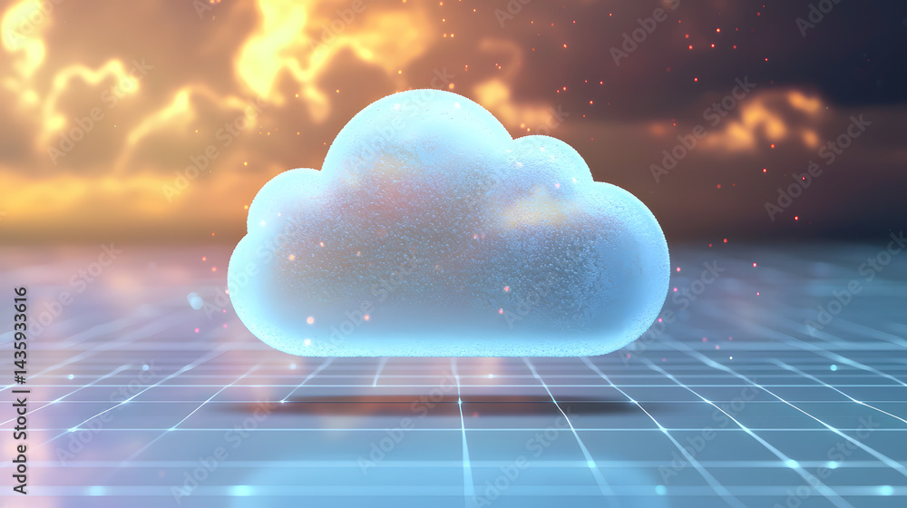 Poster cloud icon floating above digital grid technology concept abstract environment futuristic viewpoint