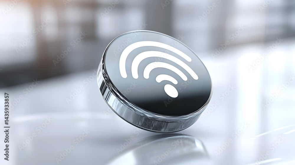 Poster floating wireless signal icon representing iot technology in a modern office environment