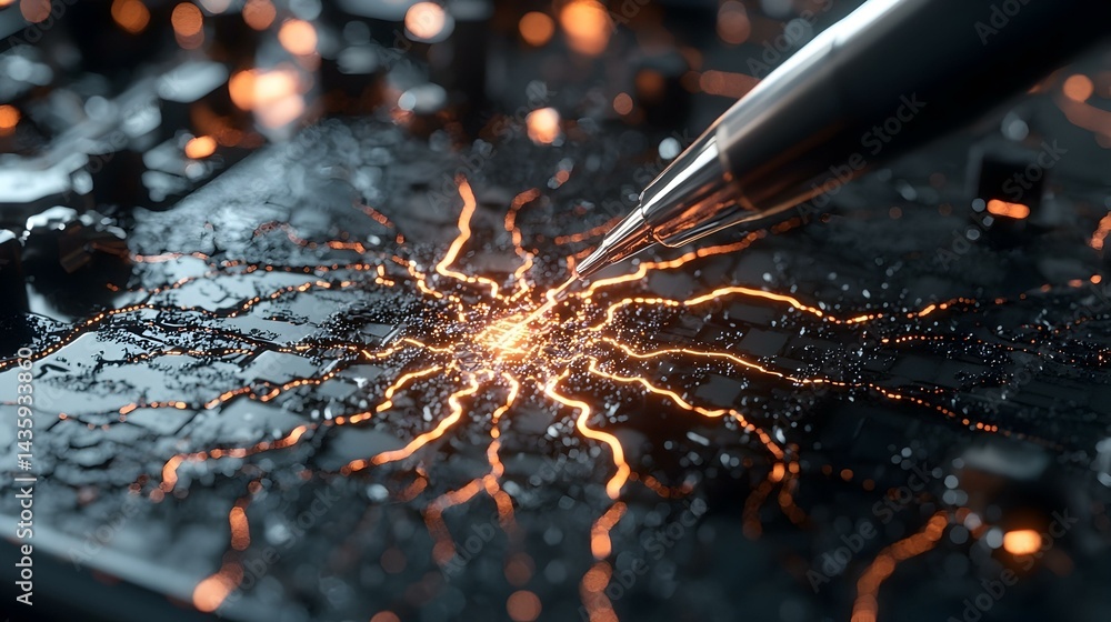 Aufkleber abstract image of a metallic pen creating glowing lines on a dark surface, representing innovation, 