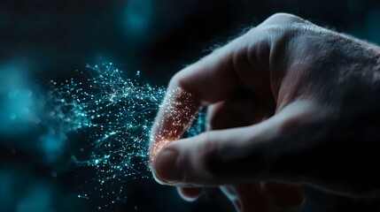 Fototapeta premium Hand gently touching glowing digital network, abstract concept of connection, innovation, and technology.