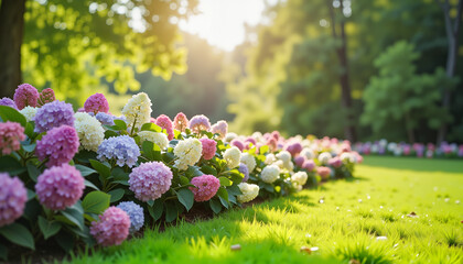 Obraz premium Elegant hydrangea border in sunny park, vibrant flower display