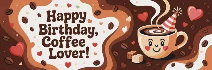 Playful birthday card with smiling coffee cup, party hat, and coffee beans – Perfect for coffee lovers, humorous greeting cards, or celebrations.